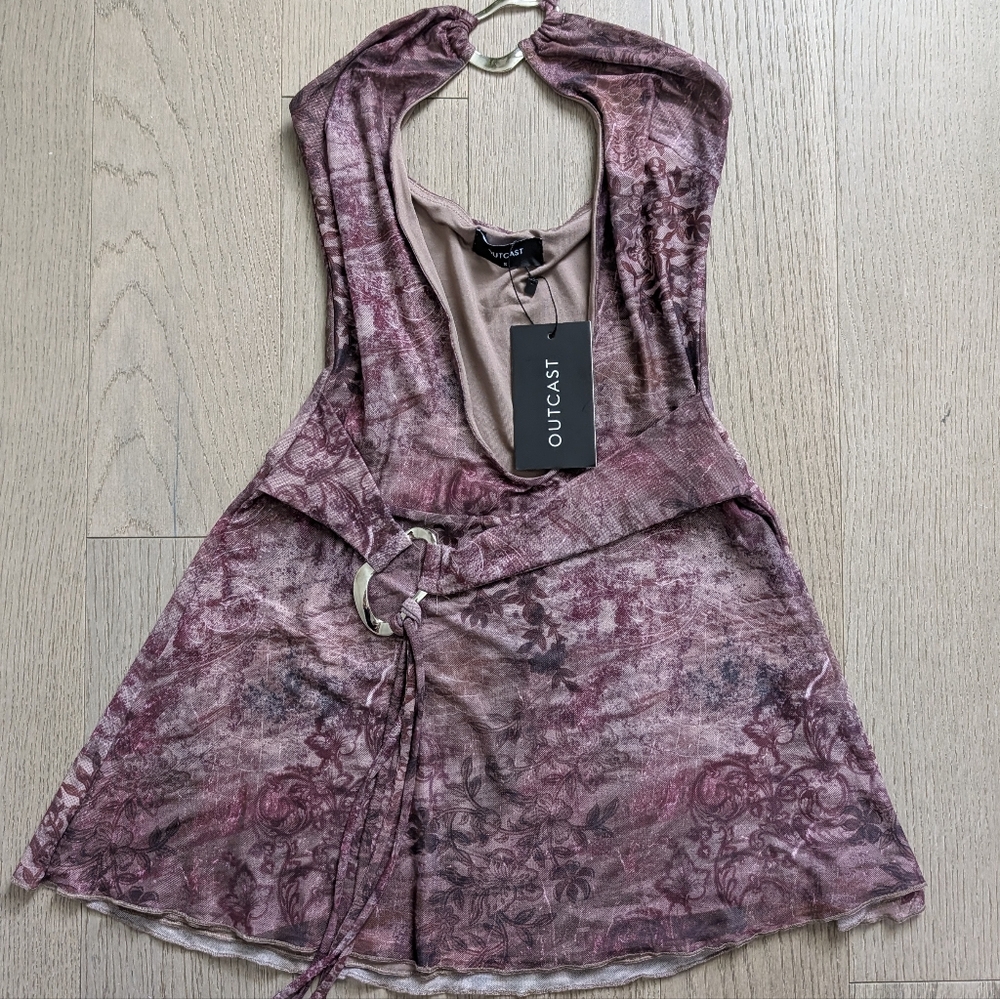 Plum Halter Mini Dress with Front Keyhole and Tie Waist - Picture 3 of 6